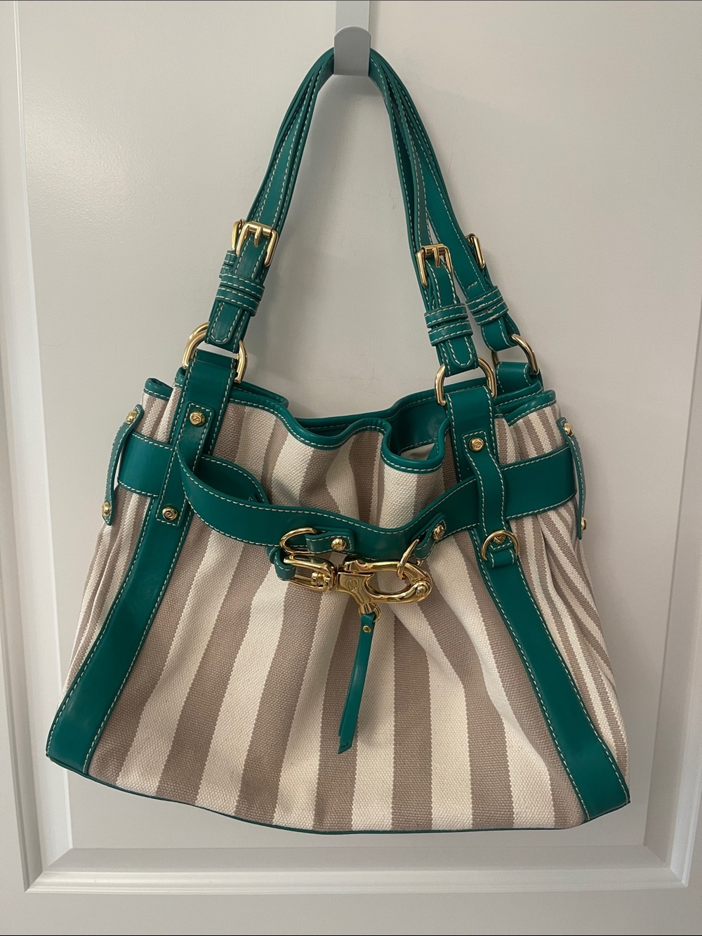 Francesco Biasia Beige and Teal Striped Shoulder Bag with Gold Hardware